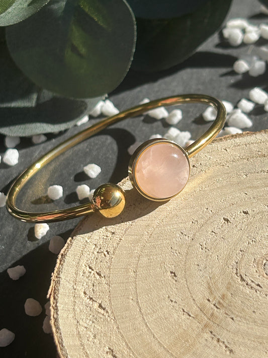Lunae – Bracelet jonc Quartz Rose | Pierre naturelle amour & douceur | Bijou acier inoxydable fait main