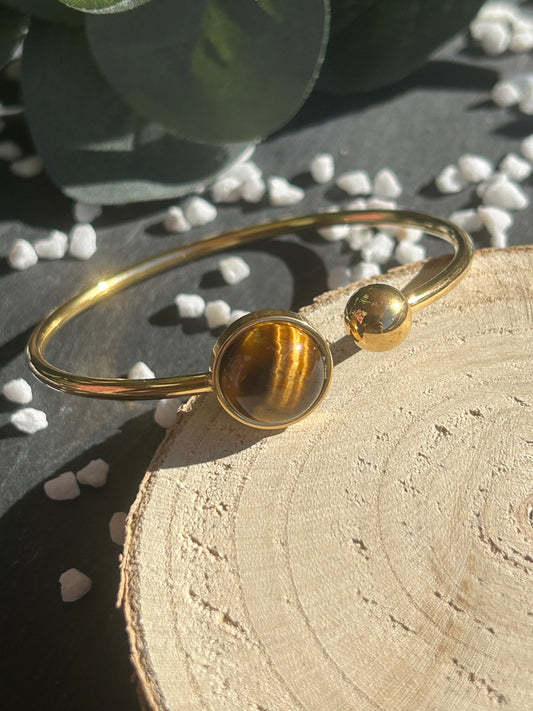 Lunae – Bracelet jonc Œil de Tigre | Pierre naturelle force & clarté | Bijou acier inoxydable fait main