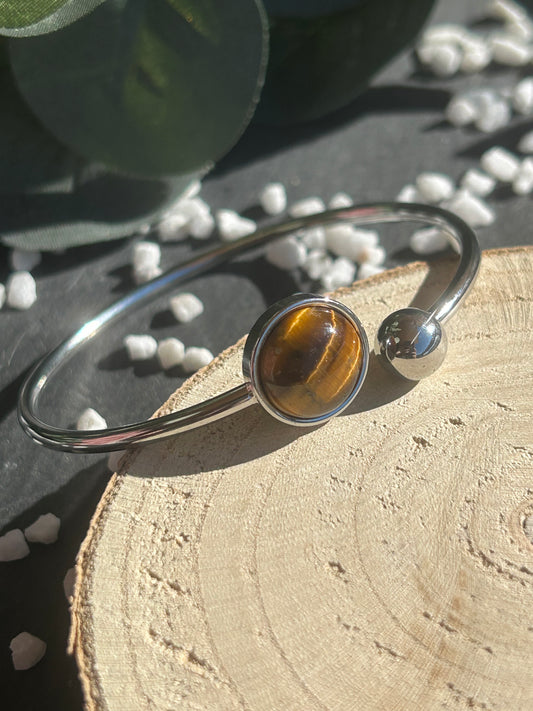 Lunae – Bracelet jonc Œil de Tigre | Pierre naturelle force & clarté | Bijou acier inoxydable fait main