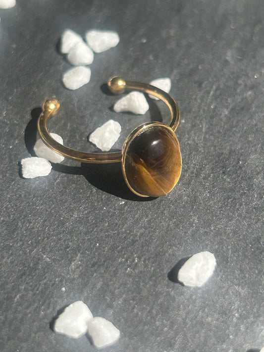 Thémis – Bague Œil de Tigre | Bague réglable | Pierre naturelle force & clarté | Bijou acier inoxydable fait main