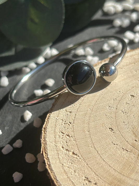 Lunae – Bracelet jonc Agate Noire / Onyx | Pierre naturelle protection & ancrage | Bijou acier inoxydable fait main