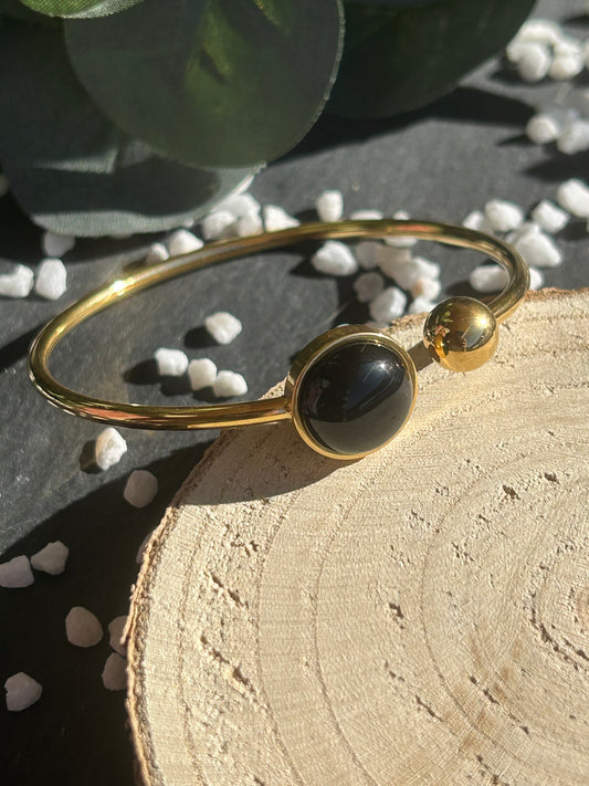 Lunae – Bracelet jonc Agate Noire / Onyx | Pierre naturelle protection & ancrage | Bijou acier inoxydable fait main