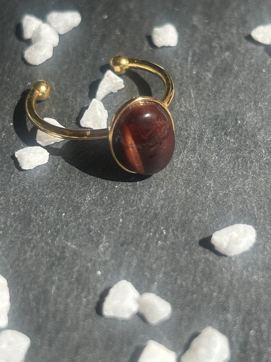 Thémis – Bague Œil de Taureau | Bague réglable | Pierre naturelle force & ancrage | Bijou acier inoxydable fait main