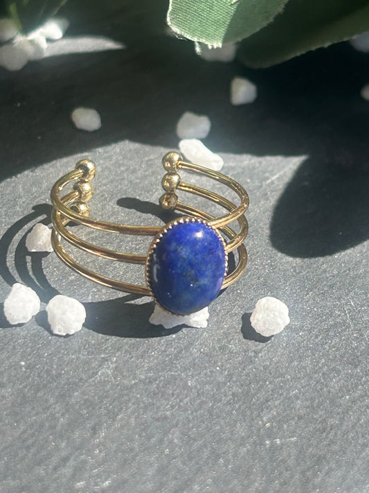 Trinæa – Bague Lapis-Lazuli | Bague réglable | Pierre naturelle communication & confiance | Bijou acier inoxydable fait main