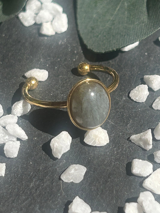 Thémis – Bague Labradorite | Bague réglable | Pierre naturelle protection & intuition | Bijou acier inoxydable fait main