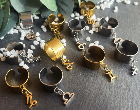 Cassiopée – Bague Signe Astrologique | Bague réglable avec breloque zodiaque | Bijou acier inoxydable fait main