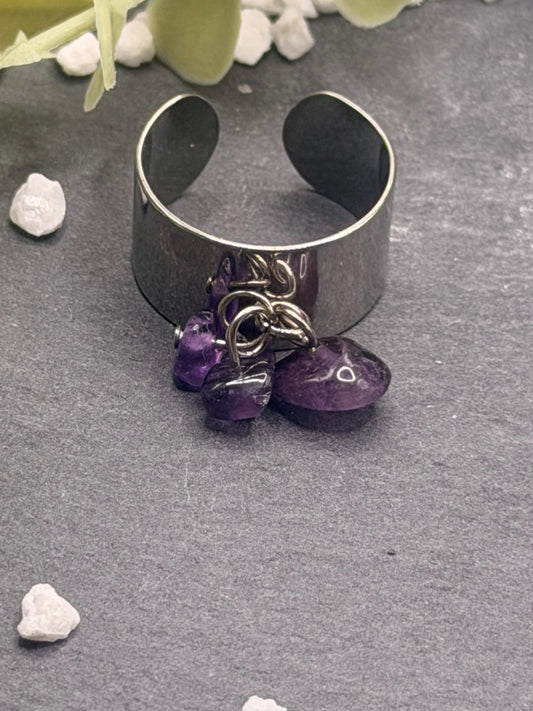 Équinoxe – Bague Améthyste | Bague réglable | Pierre naturelle sagesse & sérénité | Bijou acier inoxydable fait main