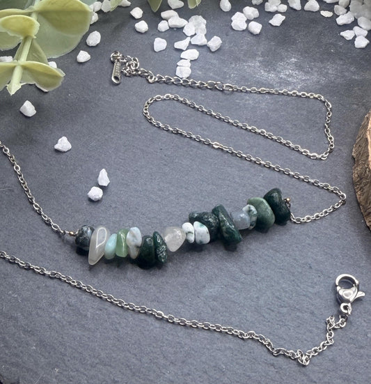 Équinoxe – Collier Agate Mousse | Collier réglable | Pierre naturelle équilibre & renouveau | Bijou acier inoxydable fait main