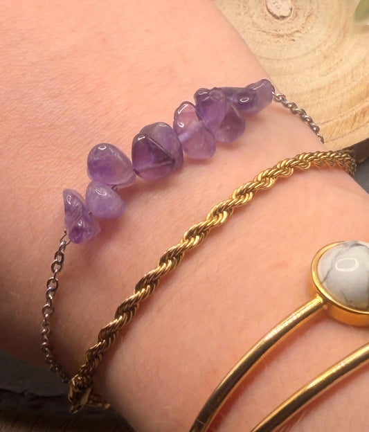 Équinoxe – Bracelet Améthyste | Bracelet réglable | Pierre naturelle sagesse & sérénité | Bijou acier inoxydable fait main